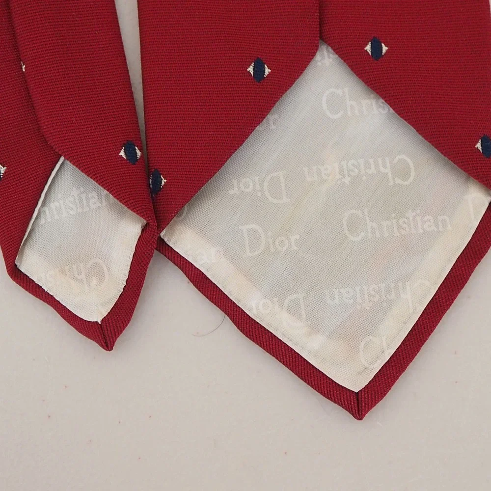 VTG‎ Christian Dior Polyester Silk Blend Tie Red Navy Classic Logo Spellout